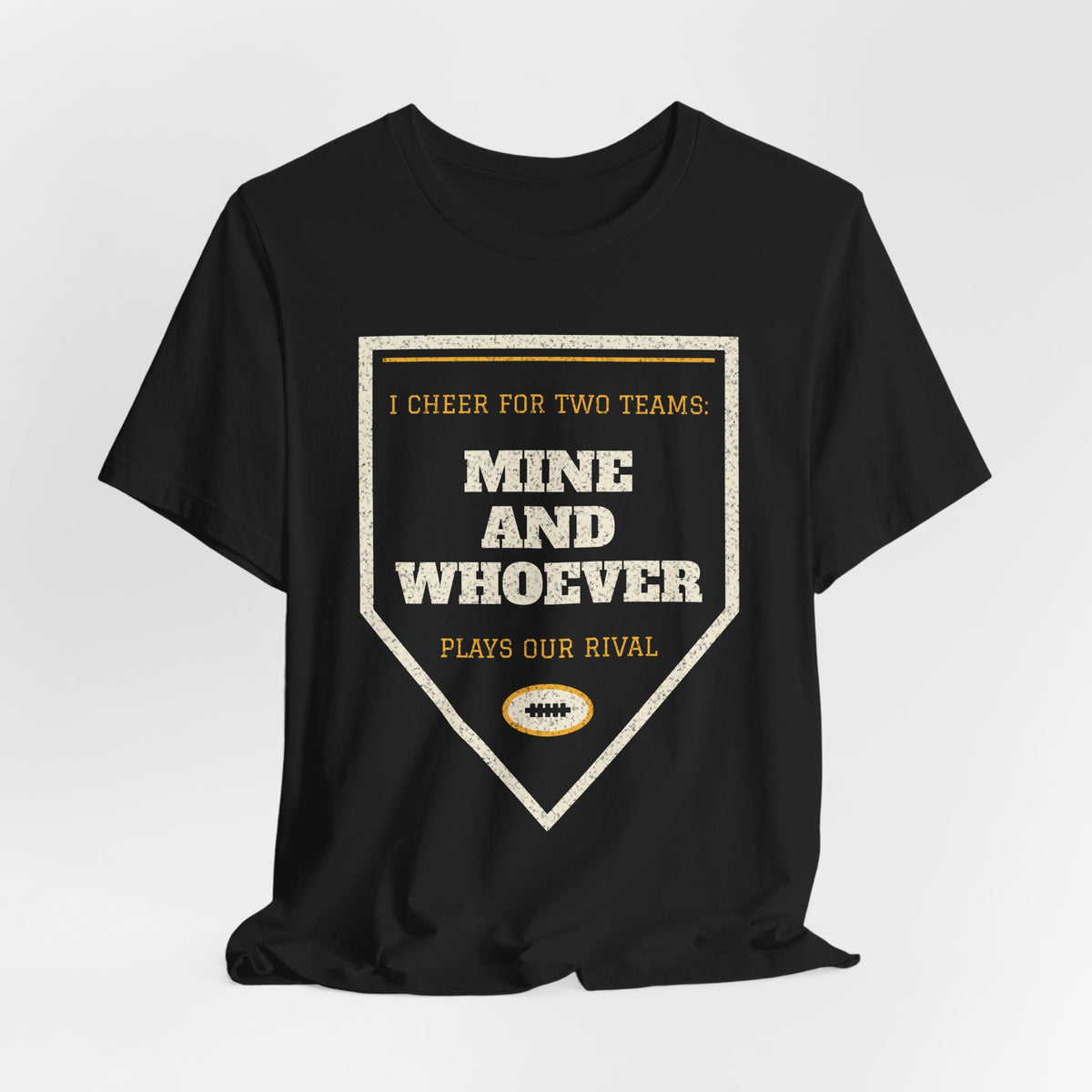 Black crewneck T-shirt featuring a heart triangle “Mine and whoever” print.