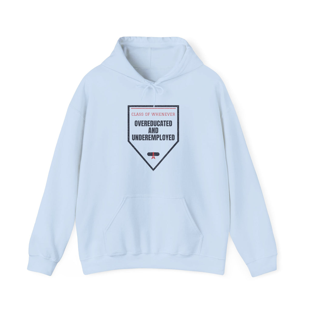 Light blue pullover hoodie with front pocket, drawstring hood, and graduation-style graphic