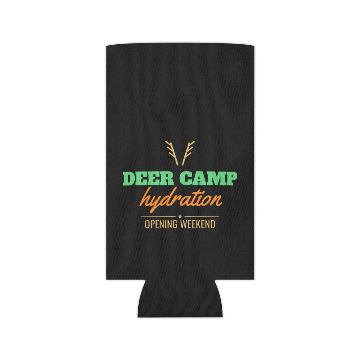 Black can koozie with centered deer-antler emblem and multicolor hydration text