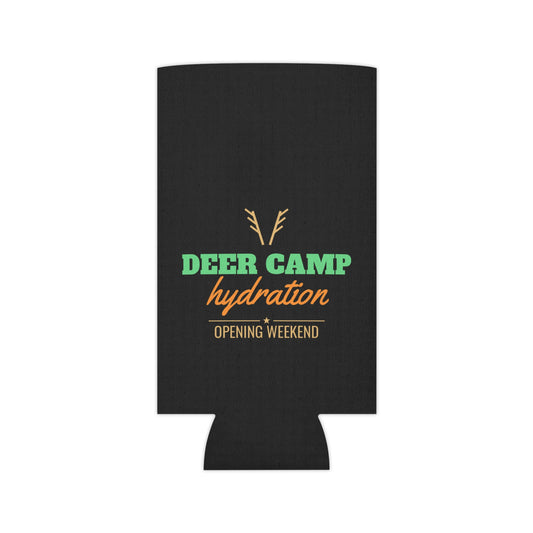Black can koozie with centered deer-antler emblem and multicolor hydration text