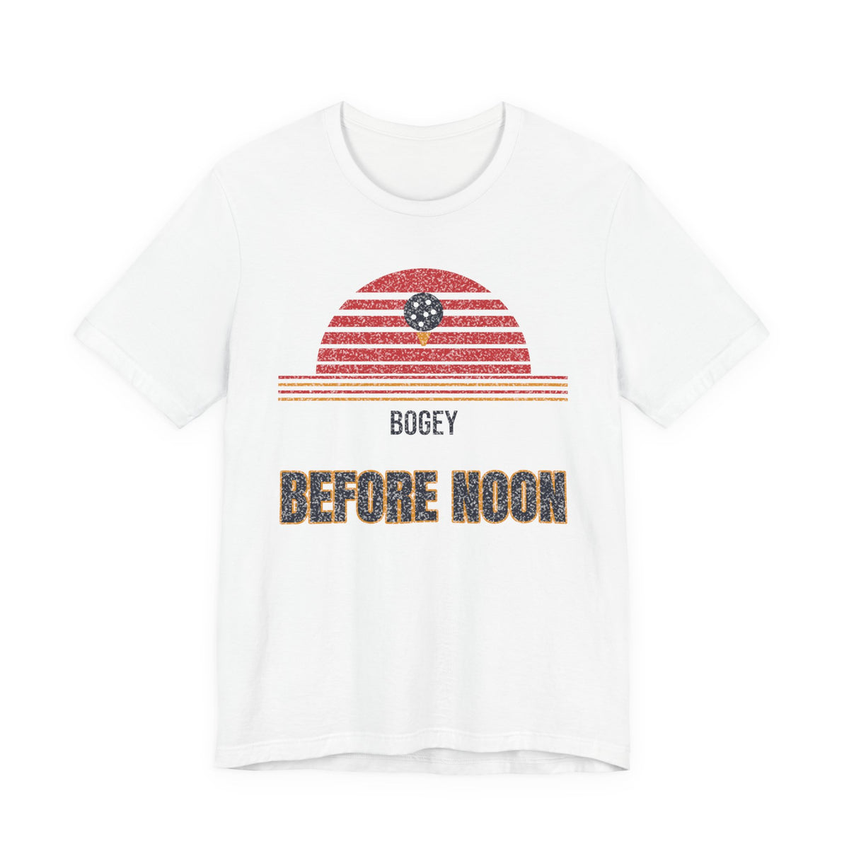 White t-shirt with retro golf graphic and text: BOGEY BEFORE NOON