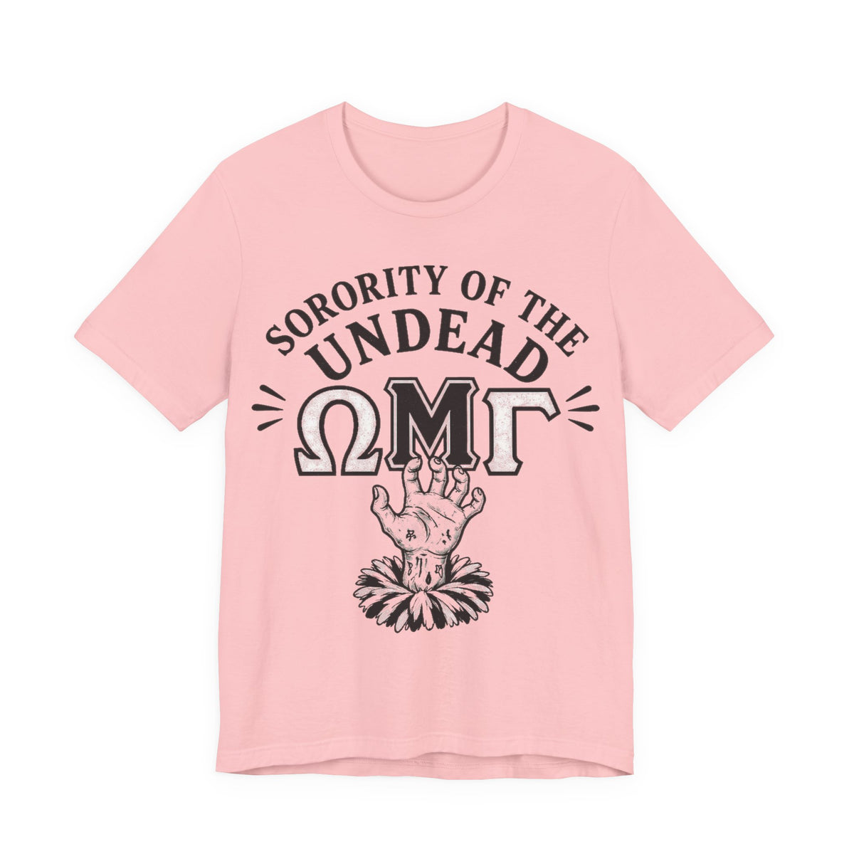 Pink crewneck tee with Sorority of the Undead graphic front print