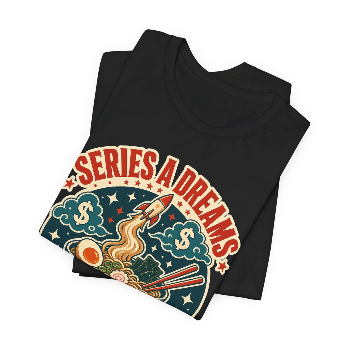 Black crewneck tee with angled "SERIES A DREAMS" "RAMEN BUDGET" ramen bowl graphic