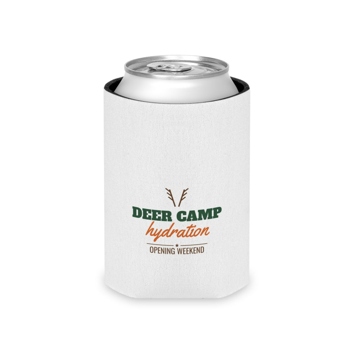White hydration koozie with deer camp hydration logo and opening weekend text