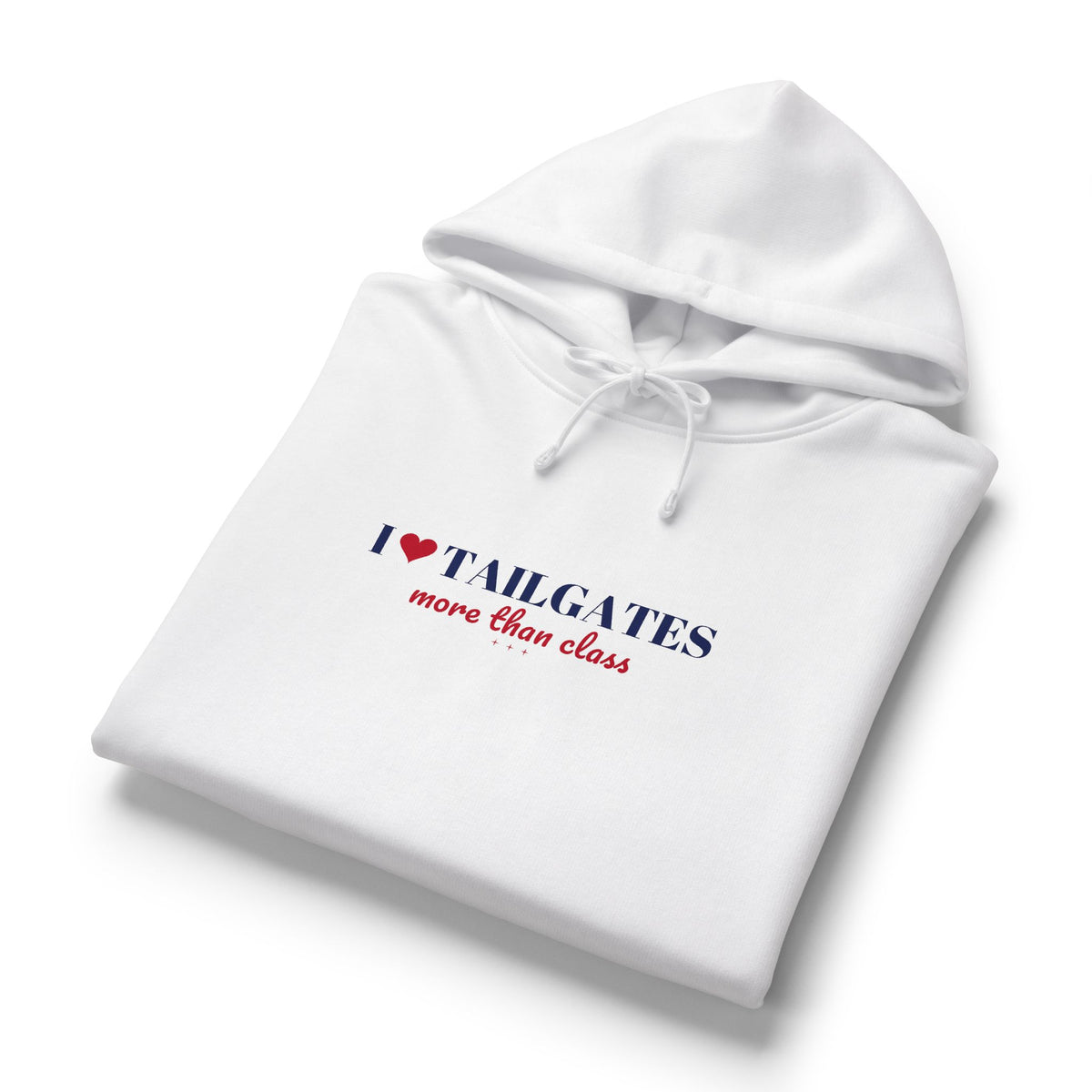 White hoodie with drawstring hood and I heart Tailgates chest graphic