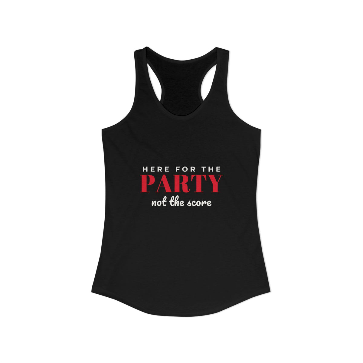 Black racerback tank with scoop neckline and front graphic text