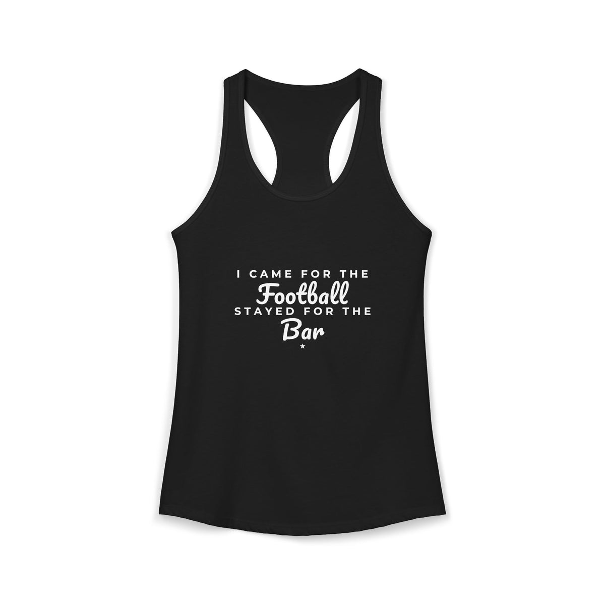 Black racerback tank with cutout back and Football Bar text graphic