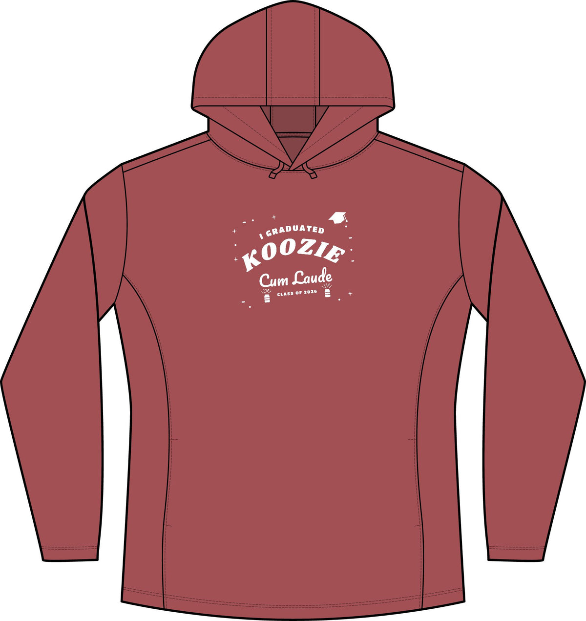 Women's deep red heather pullover hoodie with front 'Koozie' 'Cum Laude' graphic