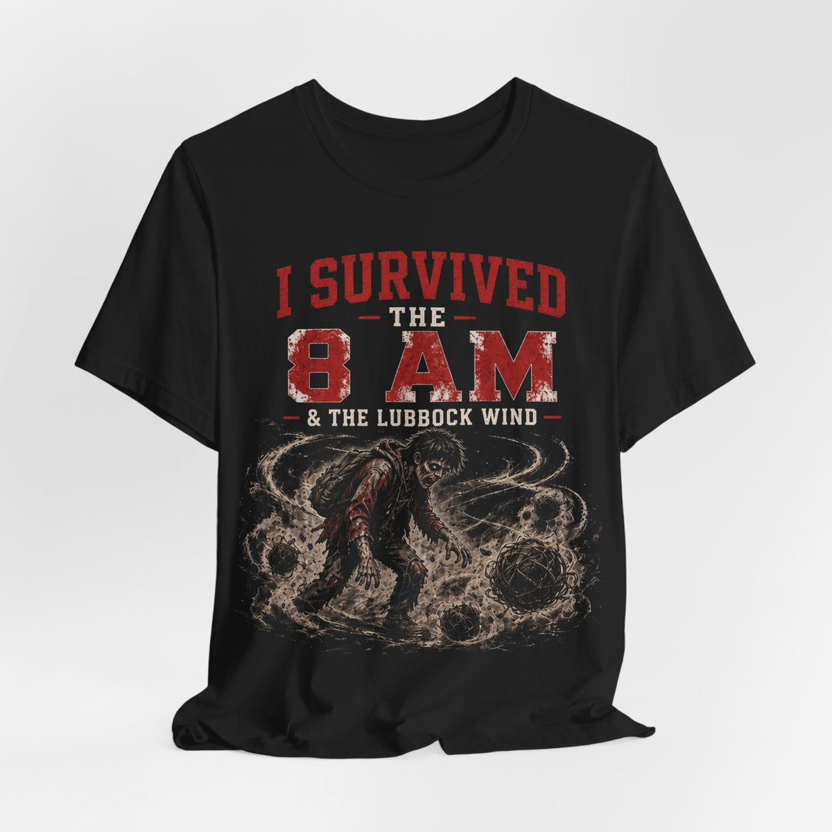 Black graphic wind tee with distressed 'I SURVIVED THE 8AM' red print and animal graphic