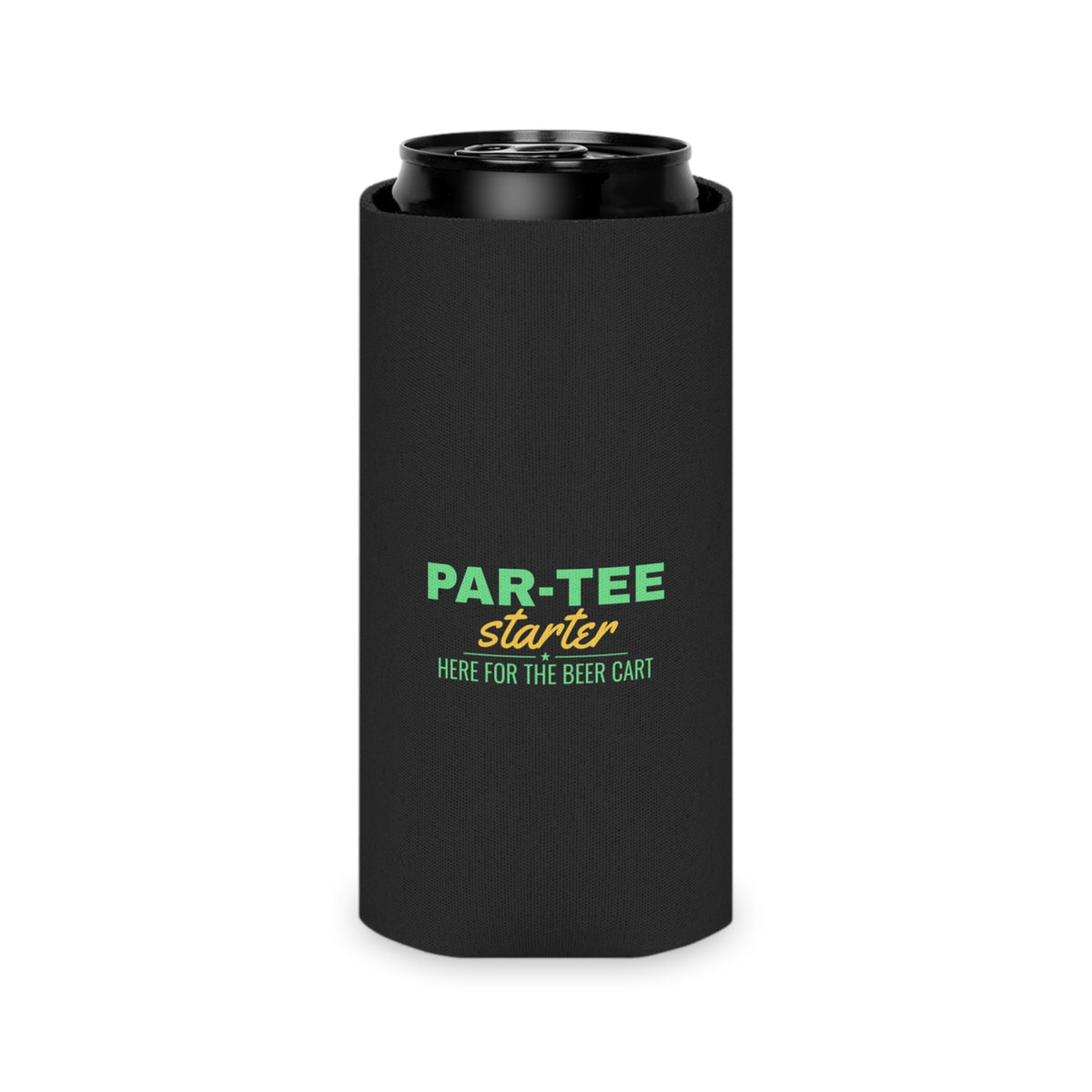Black can cooler koozie on a can, PAR-TEE Starter logo with beer cart slogan