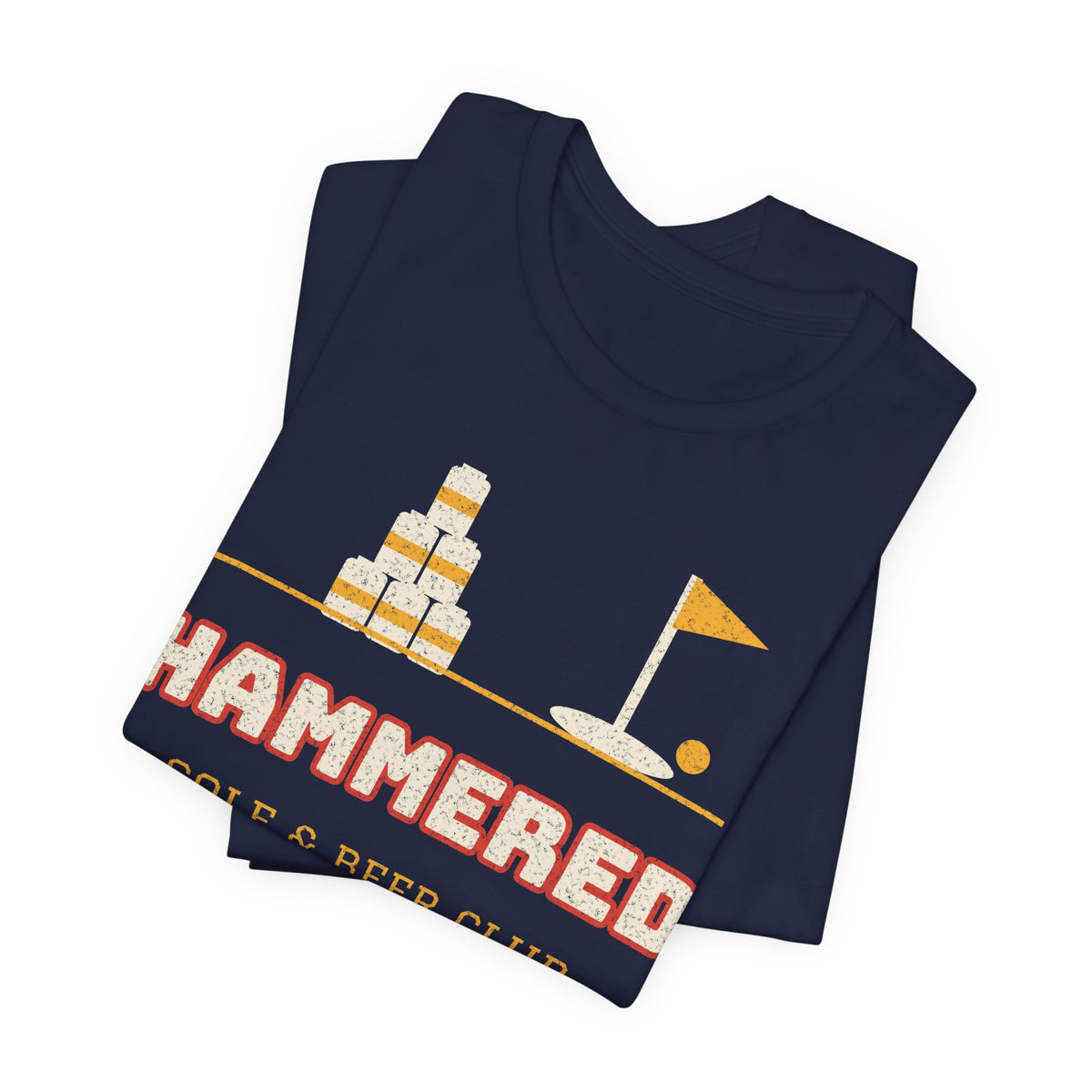 Navy T-shirt with “Hammered” golf and beer club graphic, crew neck