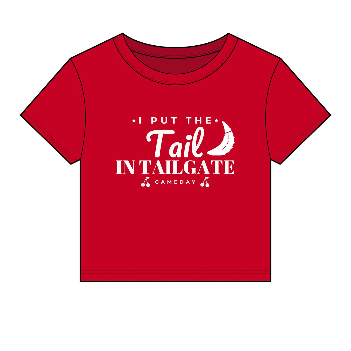 Red crop top T-shirt with 'Tail in Tailgate' graphic