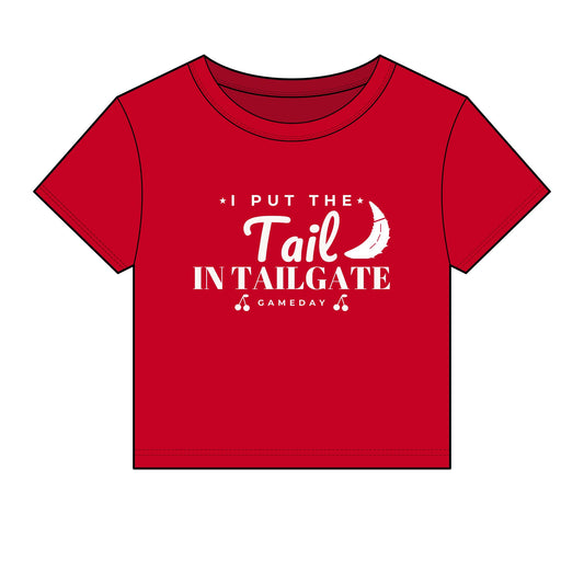 Red crop top T-shirt with 'Tail in Tailgate' graphic