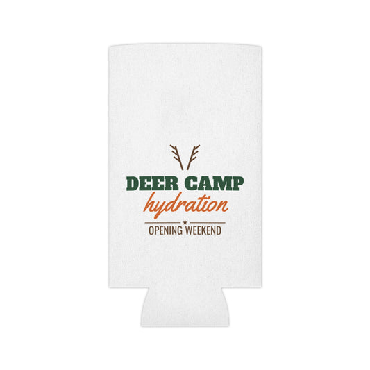 White hydration koozie with deer camp hydration logo centered on the front