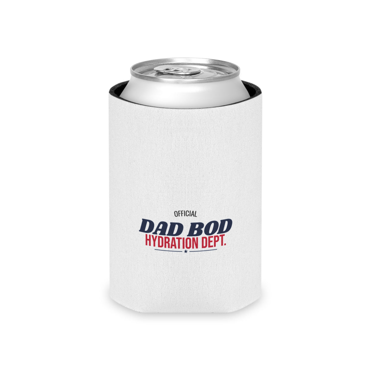 White can cooler with can inside and 'Official Dad Bod Hydration Dept.' logo