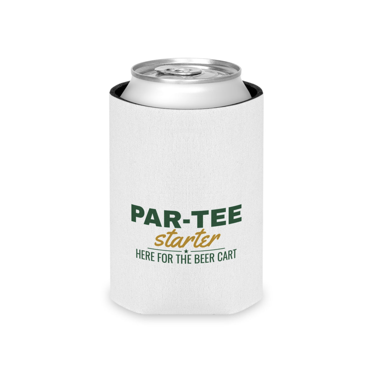 White can cooler koozie holding a silver-top can; PAR-TEE starter logo on front