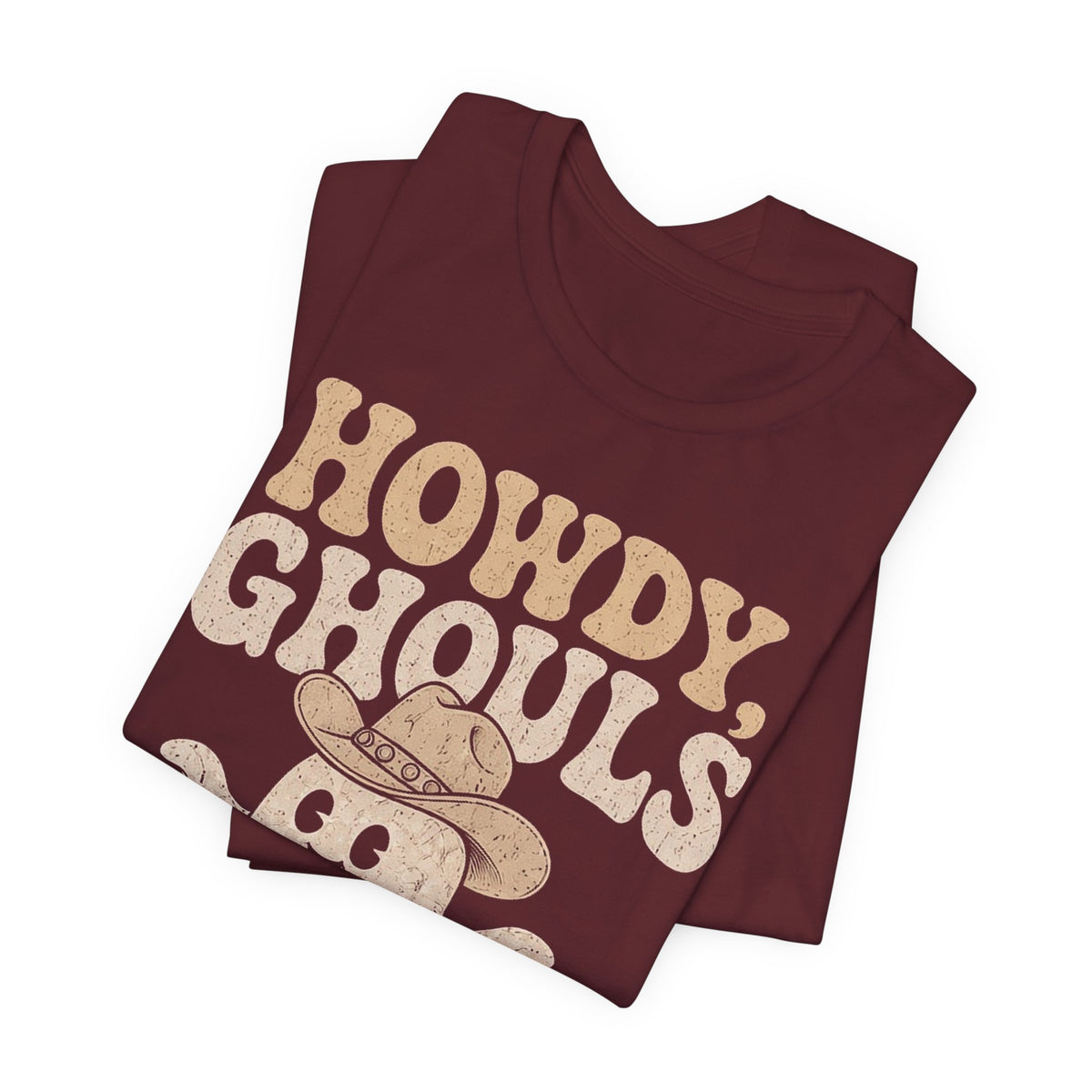 Maroon folded tee showing Howdy Ghouls text and cowboy ghost graphic