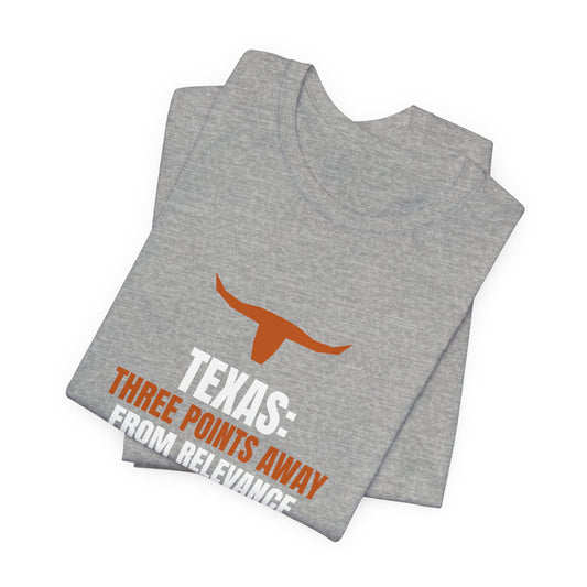 Heather gray graphic T-shirt with orange longhorn and 'TEXAS: Three Points Away' text