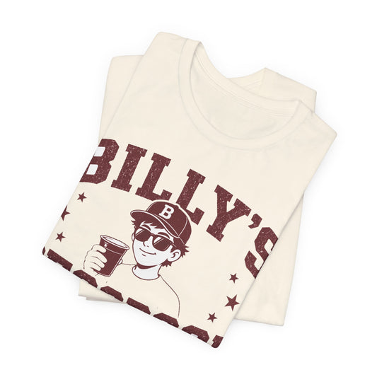 Cream graphic crewneck T-shirt, 'BILLY'S' text and cup-holding cartoon partially shown