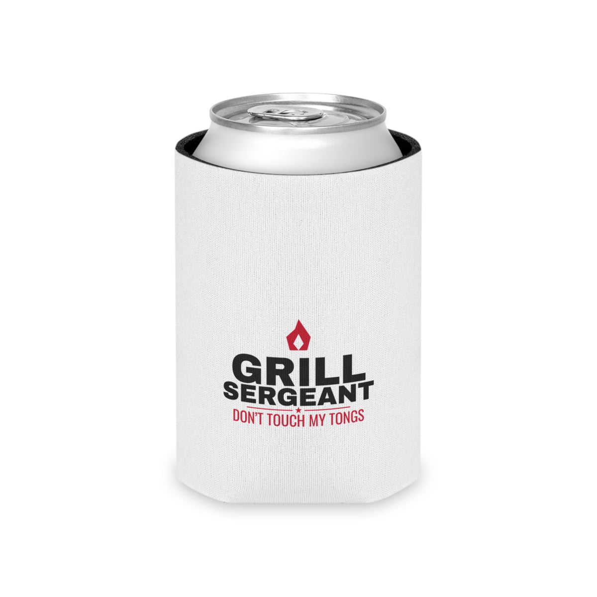 White can koozie featuring Grill Sergeant logo and red slogan on a silver can