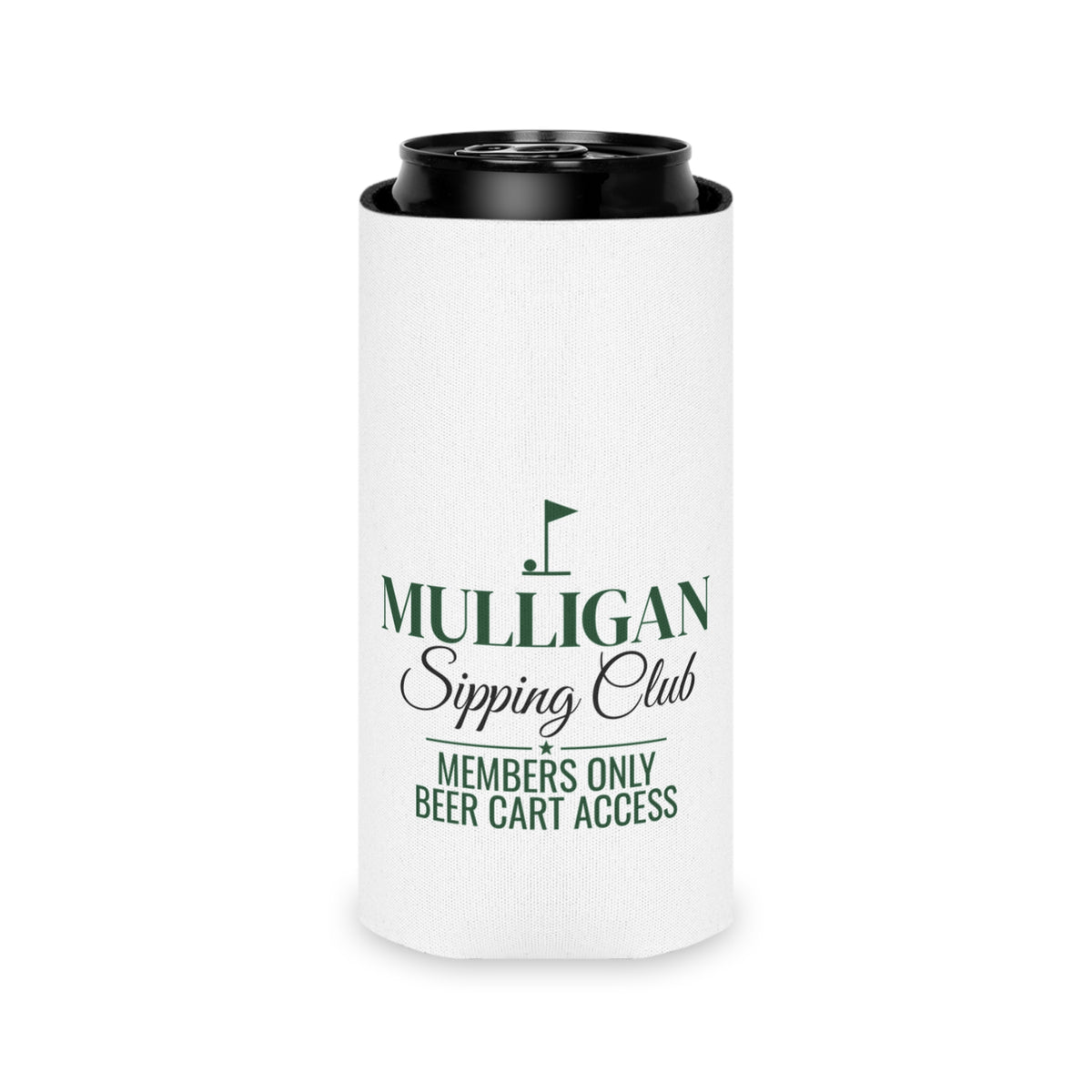 White beer koozie with green Mulligan Sipping Club logo and black can top