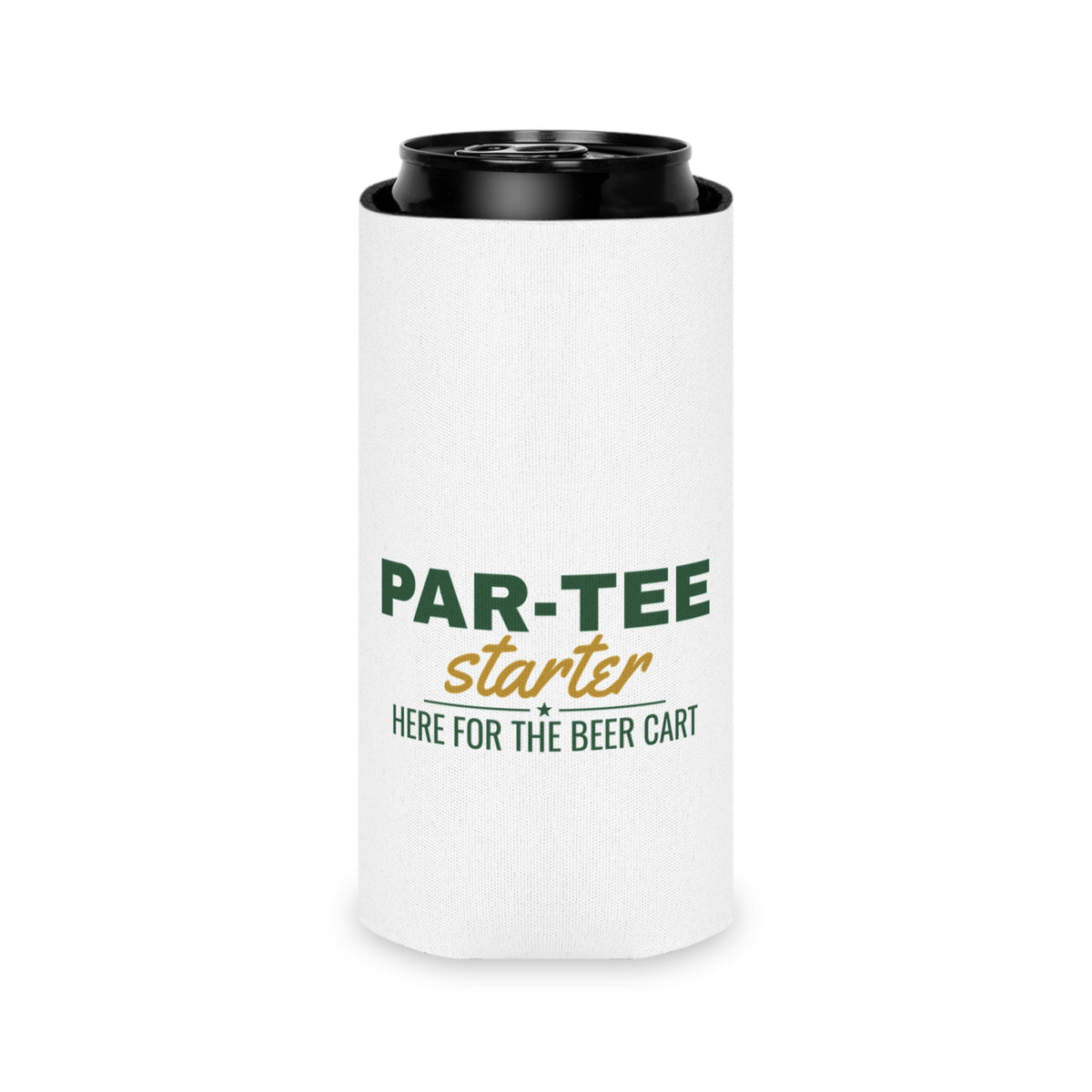 White can cooler koozie holding a black-top can; PAR-TEE starter logo on front