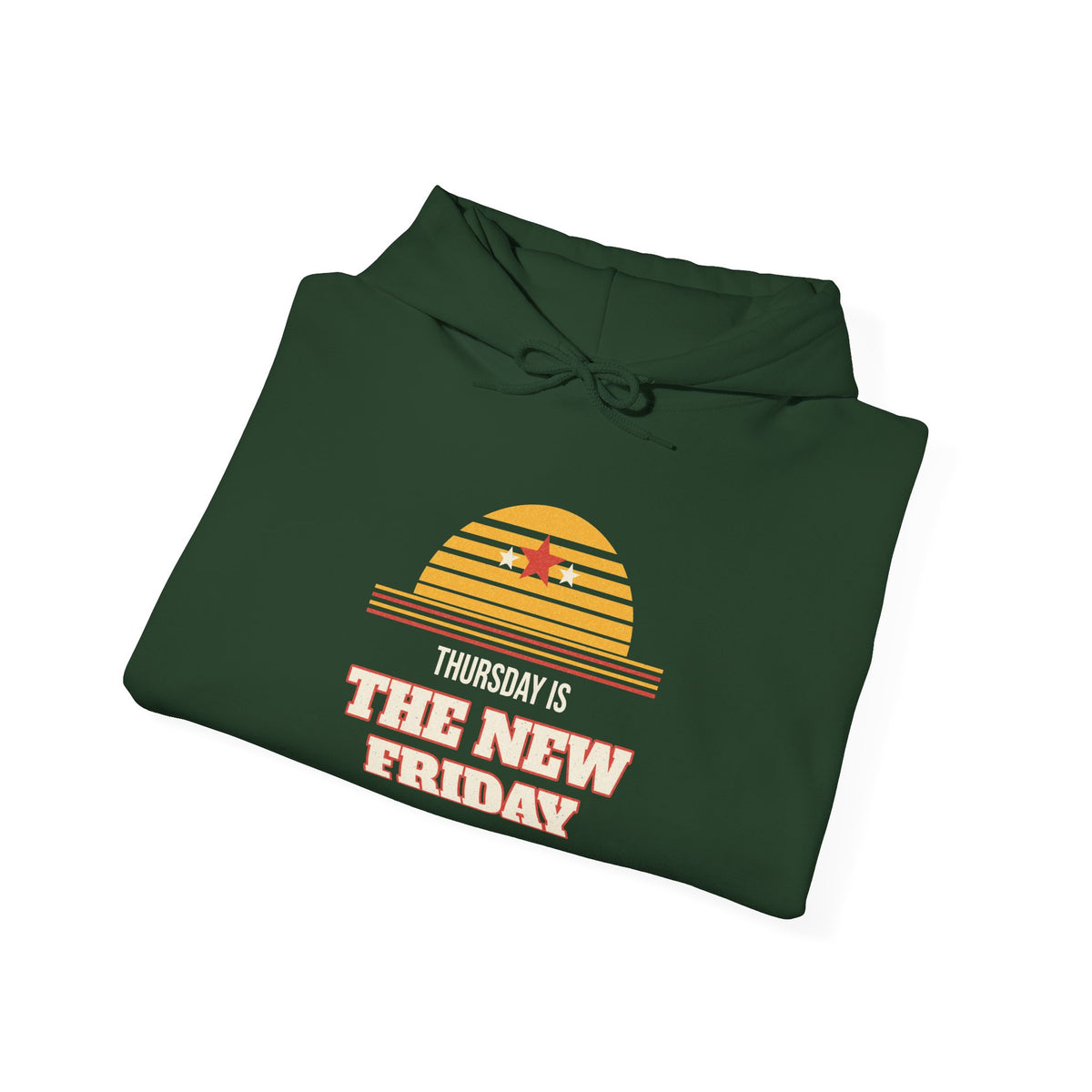 Forest green pullover hoodie with 'The New Friday' chest graphic