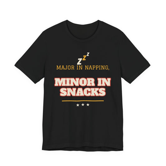 Black crewneck t-shirt with “Major in Napping, Minor in Snacks” slogan graphic