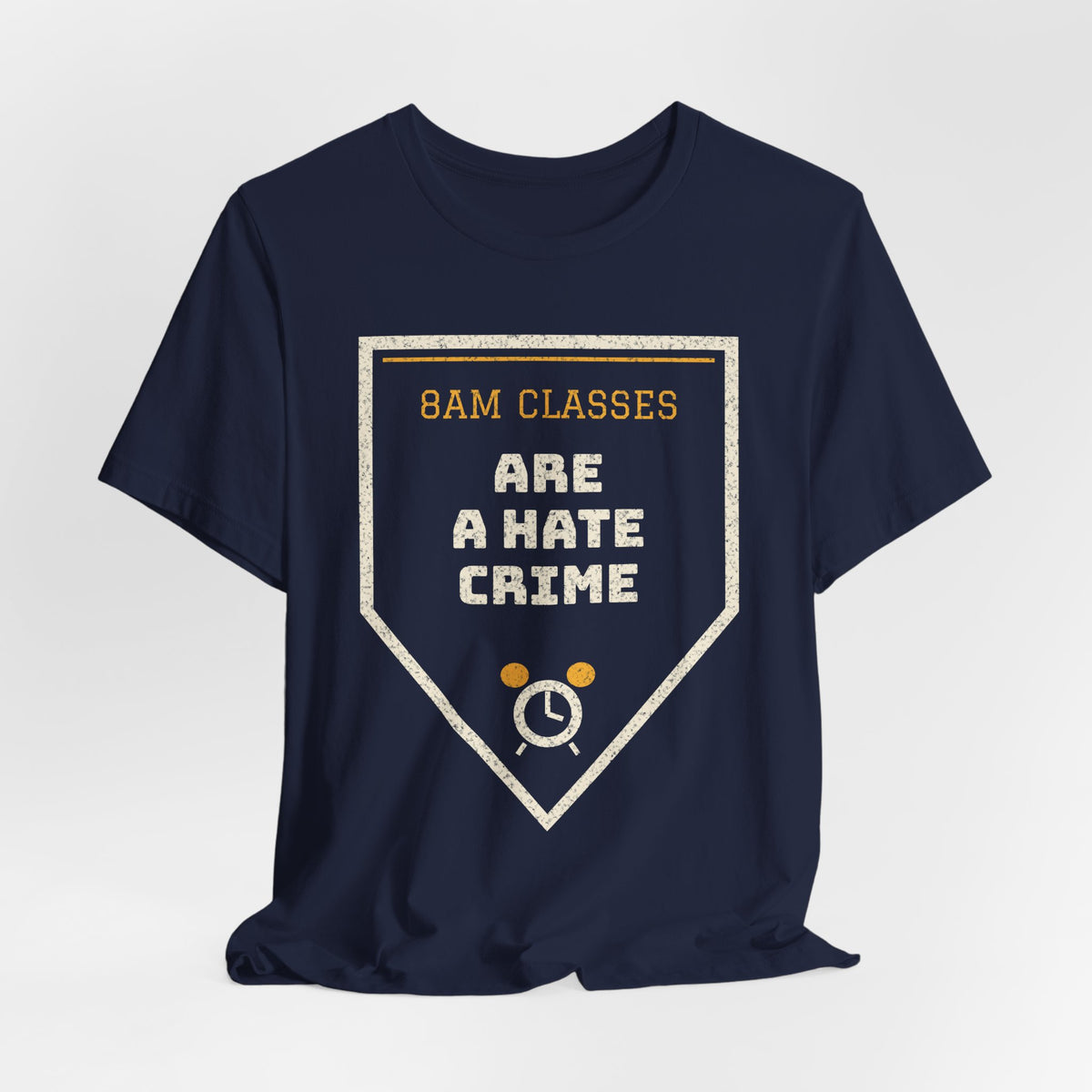 Navy short-sleeve crewneck T-shirt with “8AM CLASSES” front graphic