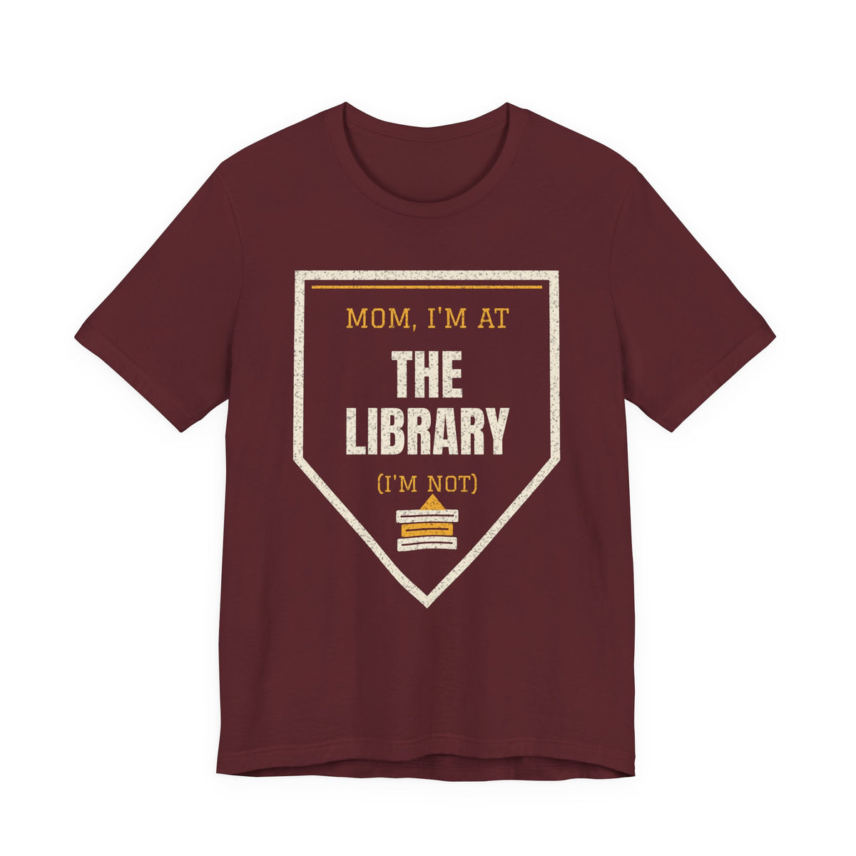 Maroon graphic t-shirt with triangular "I'm at the library" text print