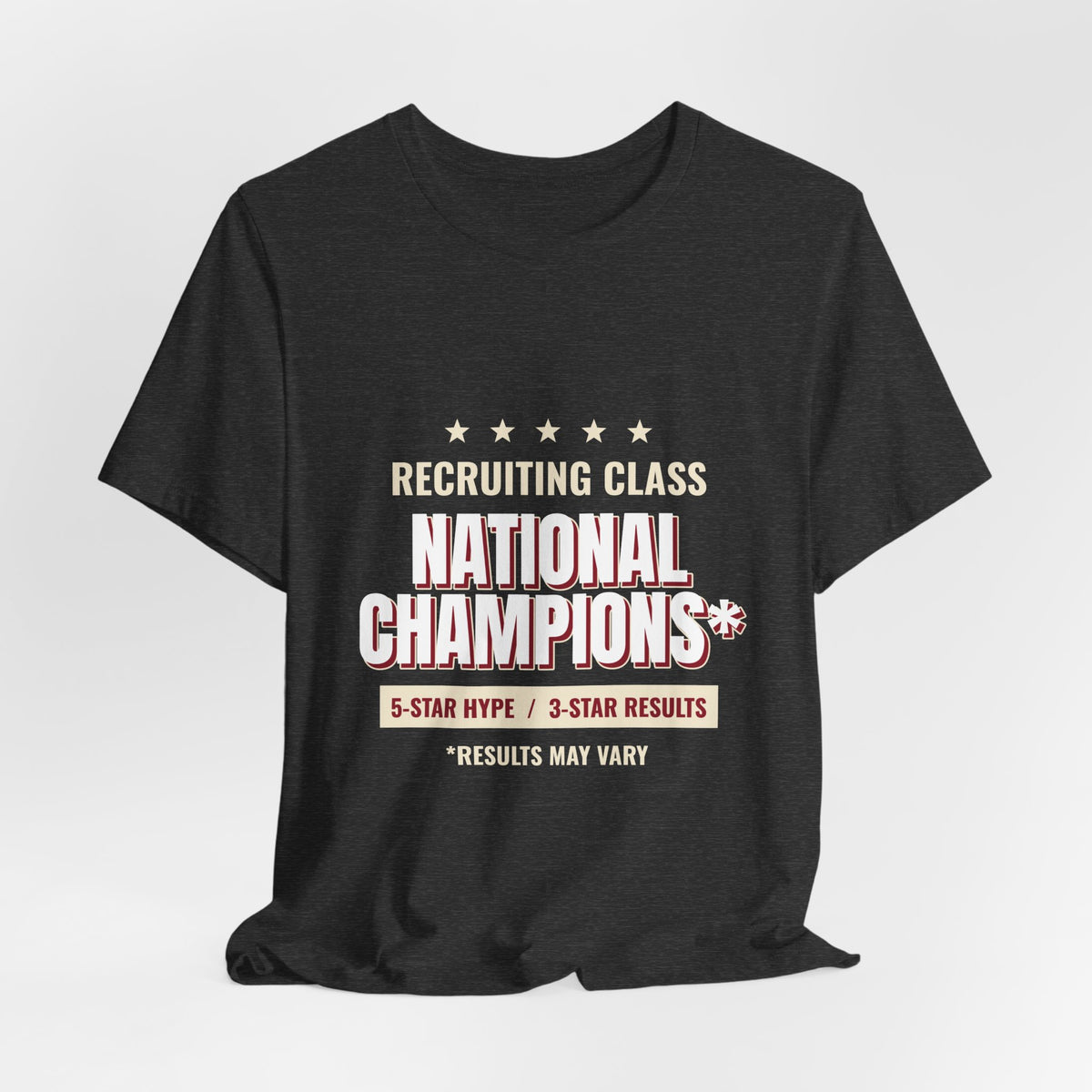 Dark grey heather recruiting class tee, National Champions front print with stars