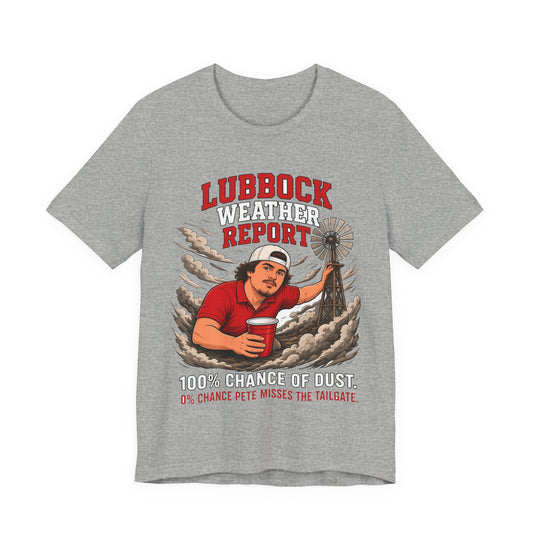 Athletic heather gray crewneck T-shirt with red text and illustrated dust windmill graphic