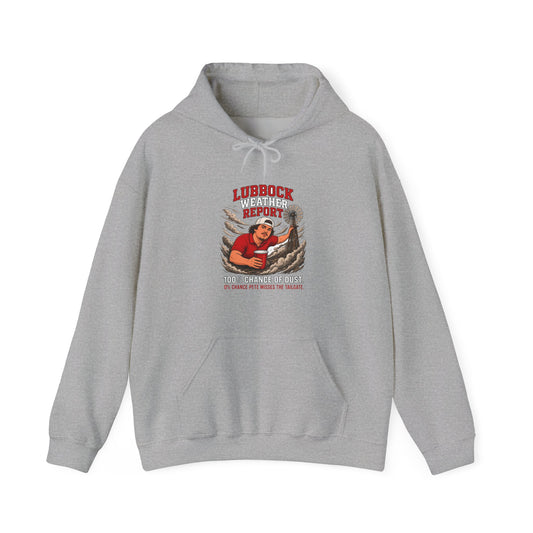 Sport grey hoodie with kangaroo pocket, drawstring hood, Lubbock Weather Report front graphic