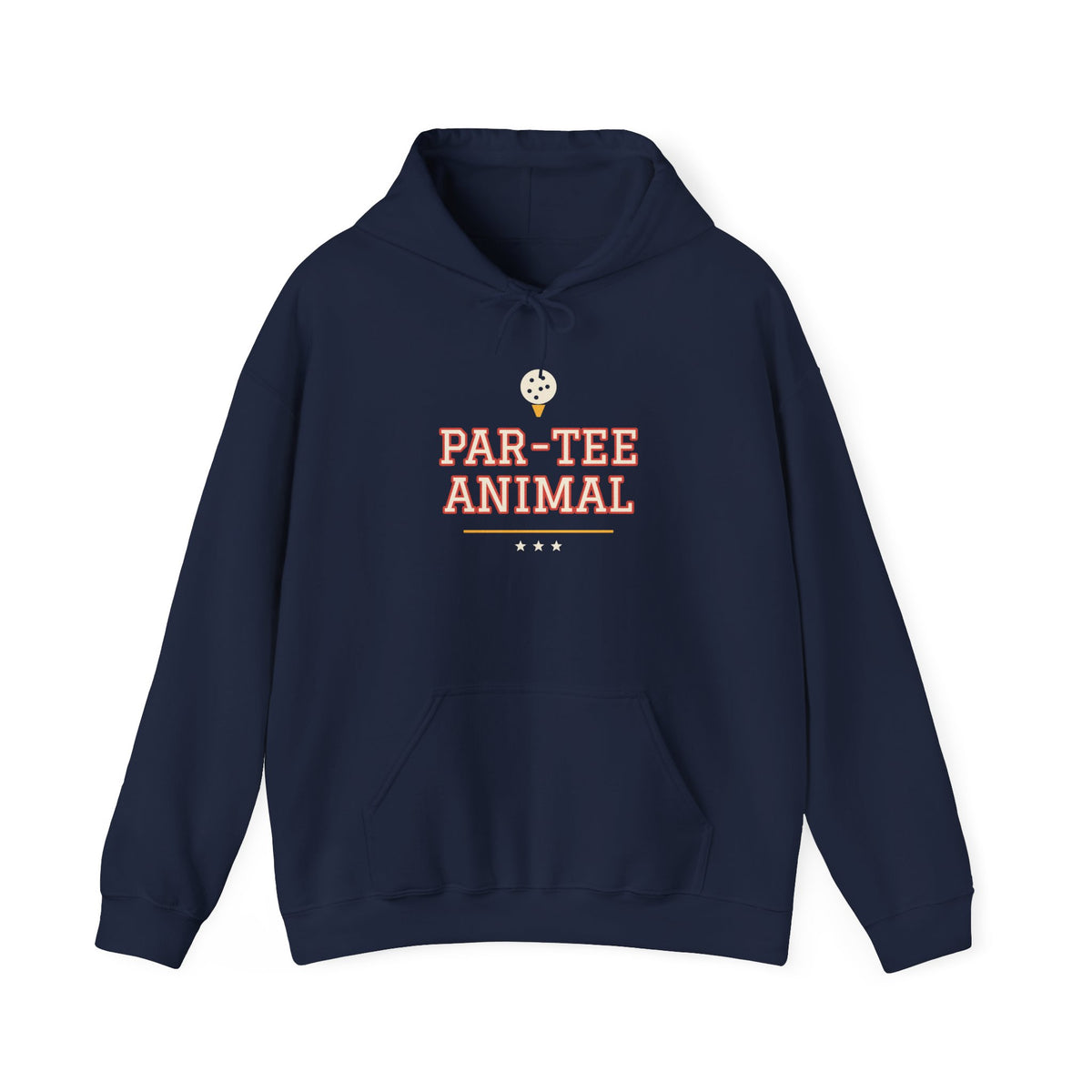 Navy pullover hoodie with kangaroo pocket, drawstrings, animal graphic chest print.
