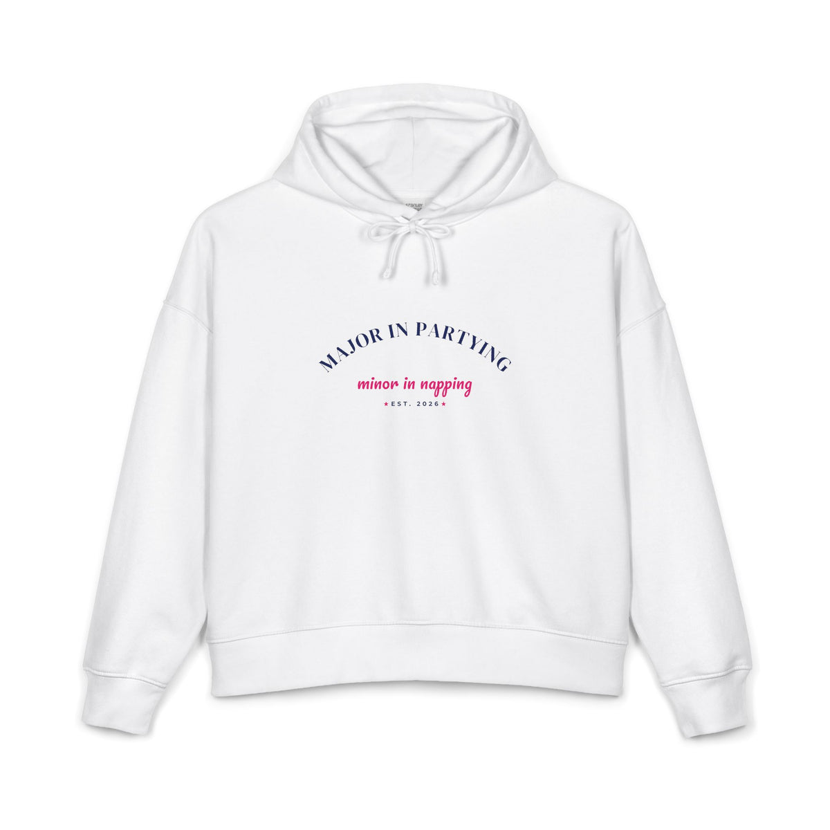 White women's hoodie, 'Major in Partying' graphic, kangaroo pocket, drawstring hood