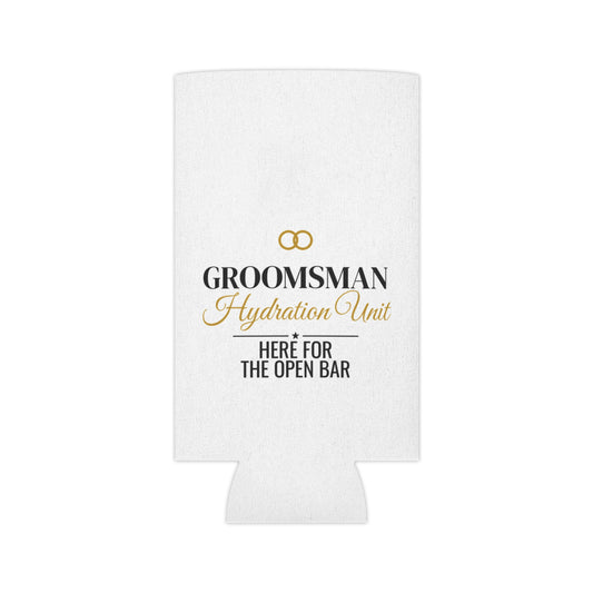 White koozie can cooler with gold wedding emblem and “Here for the Open Bar”