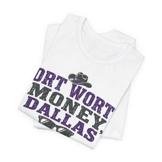 White T-shirt with large 'FORT WORTH MONEY, DALLAS' text and hat icon print