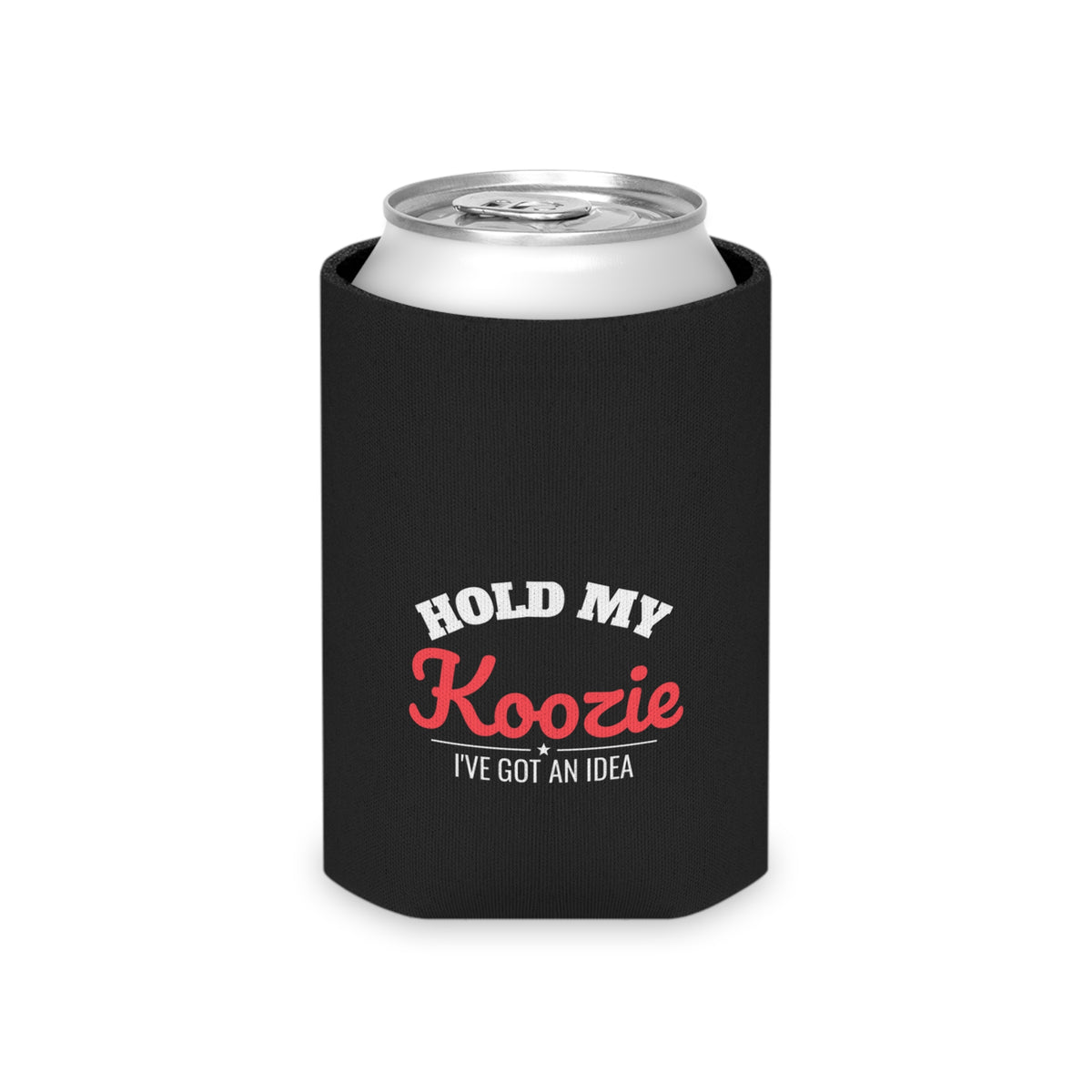 Black can koozie sleeve with silver can and 'HOLD MY Koozie' slogan printed