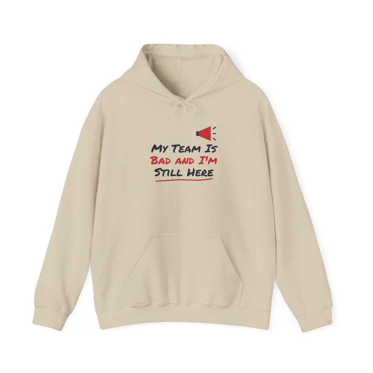 Beige college hoodie with front pocket and chest slogan graphic