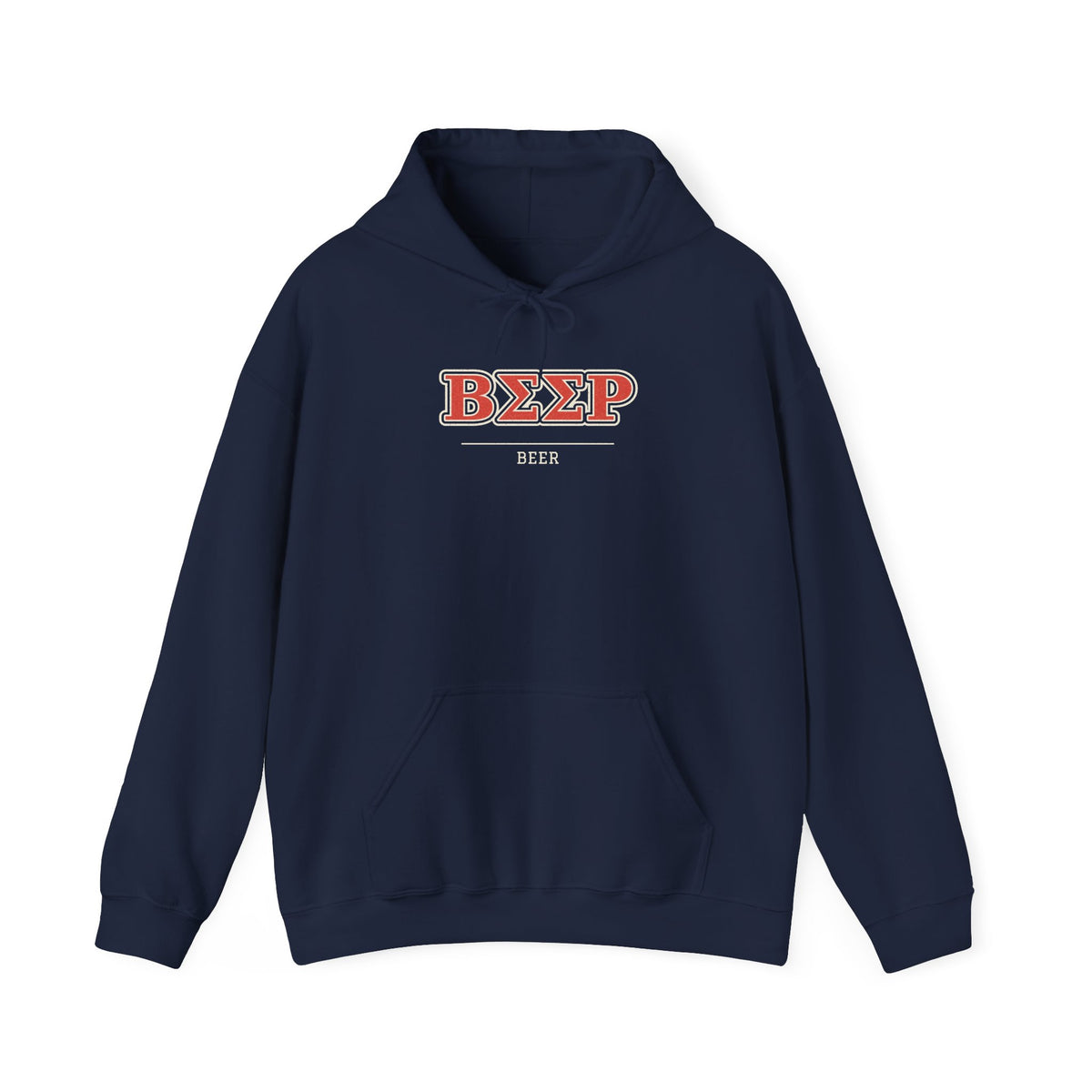 Navy hoodie with faux Greek beer graphic and kangaroo pocket