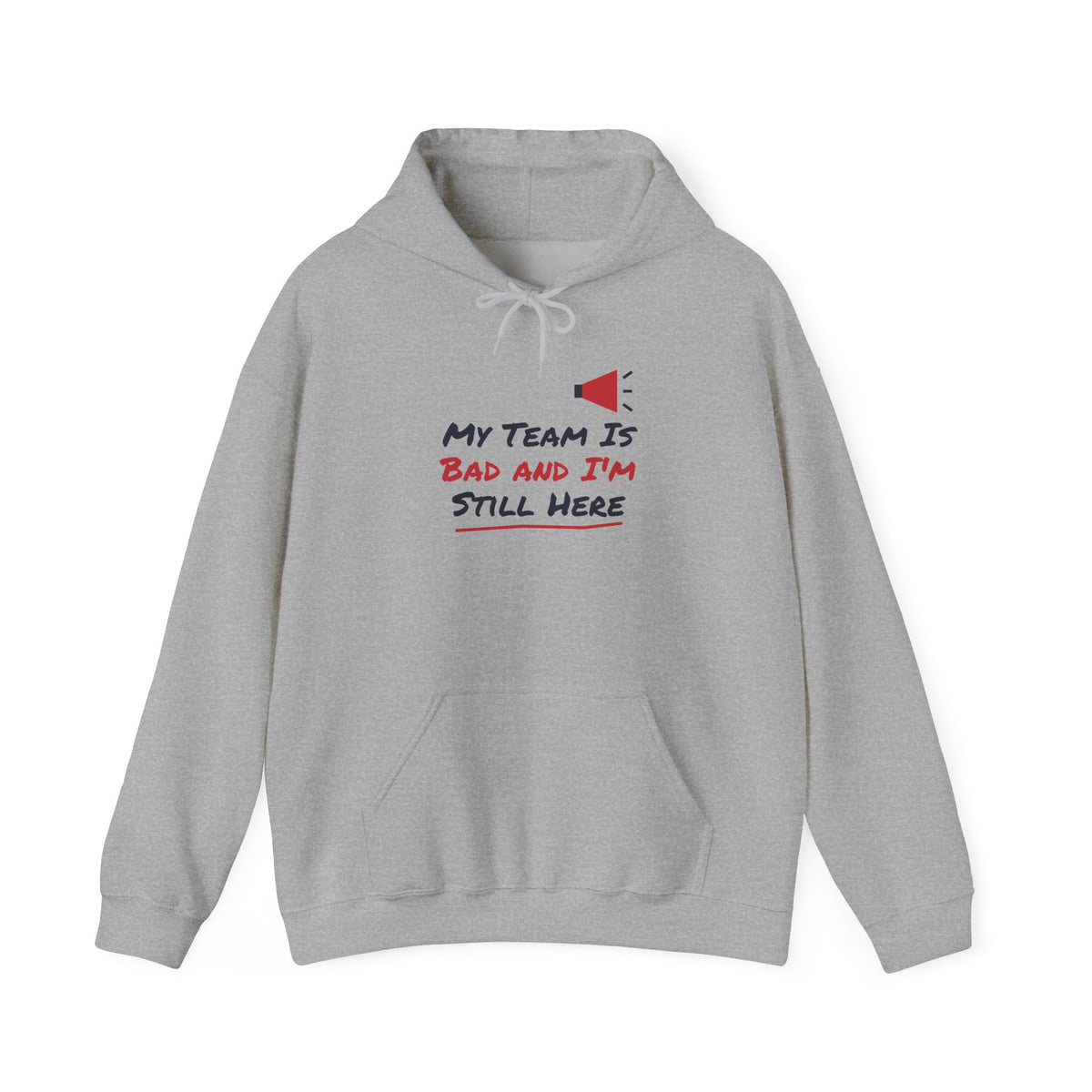 Gray college hoodie with front pocket and chest slogan graphic