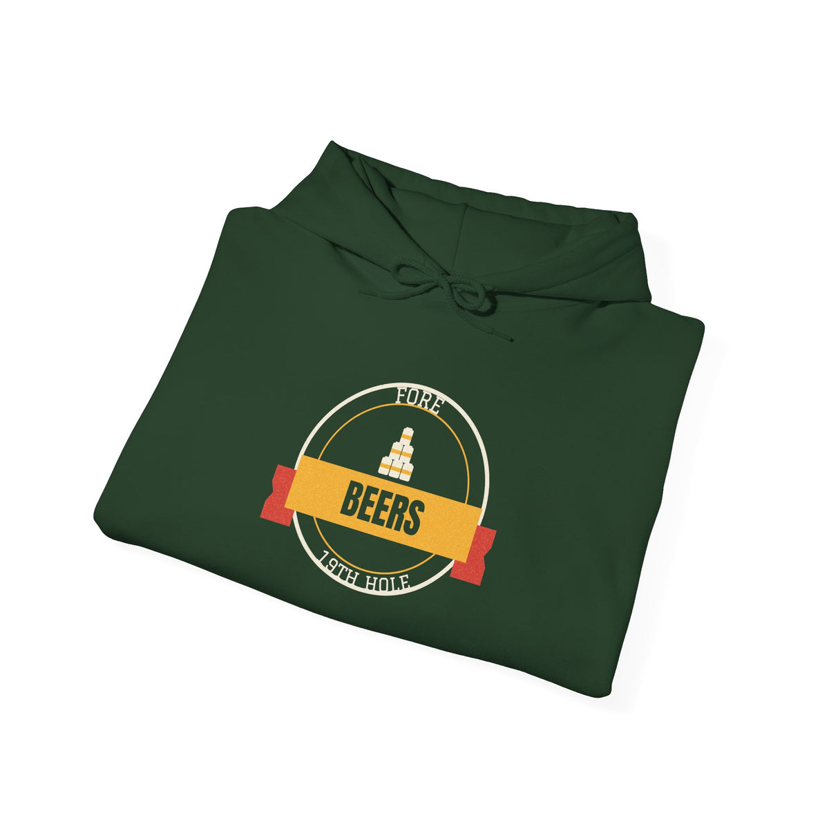 Forest green hoodie with circular BEERS graphic on chest, hood and drawstring