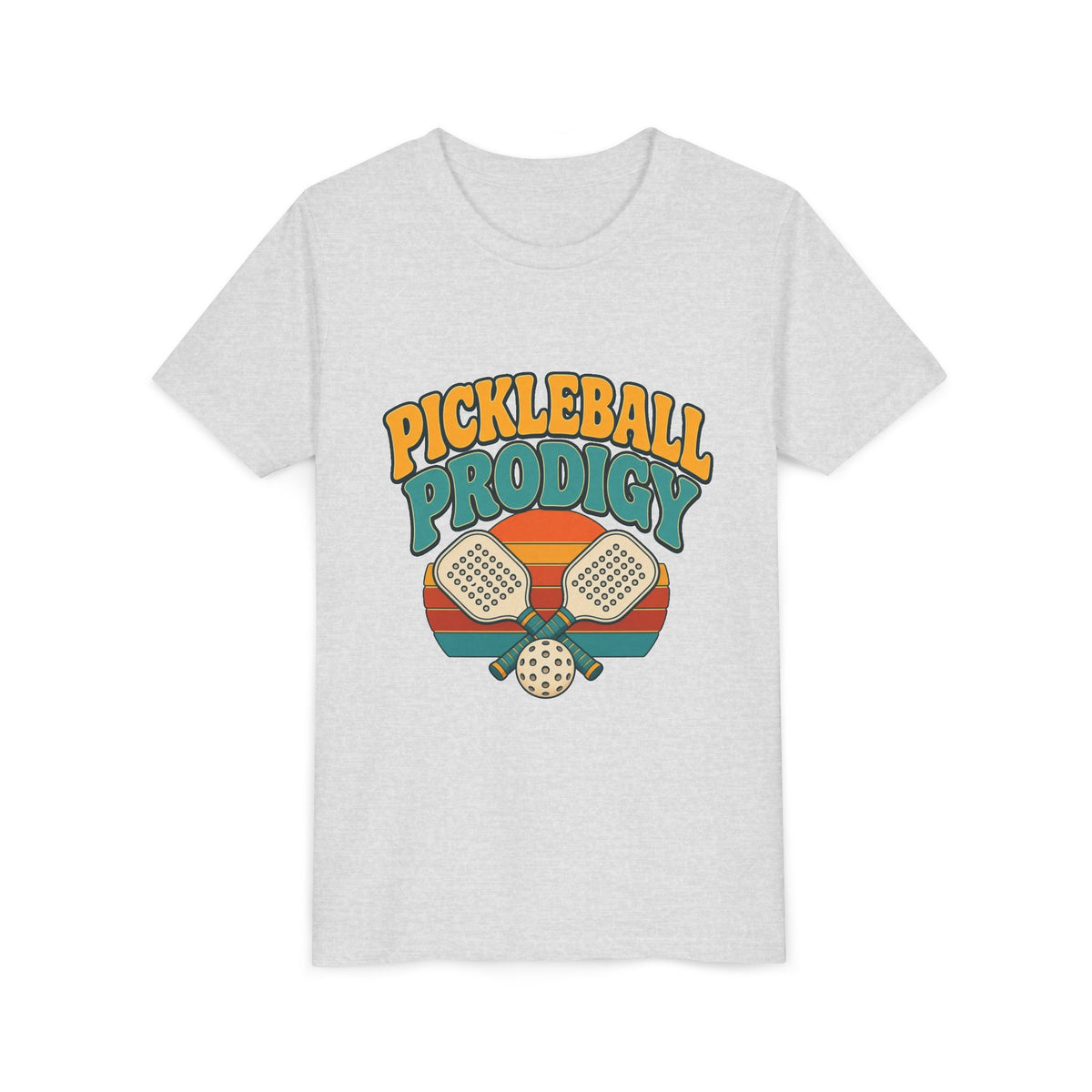Kids heather gray pickleball tee with colorful "Pickleball Prodigy" graphic and paddles