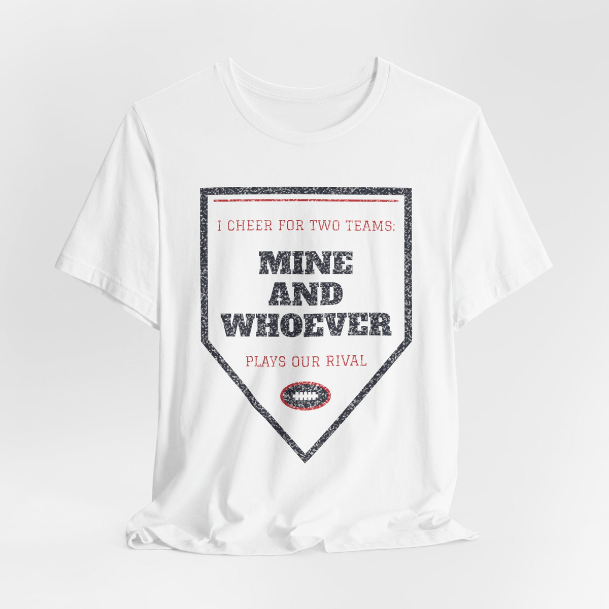 White crewneck T-shirt with heart-shaped rival graphic reading “Mine and whoever”.