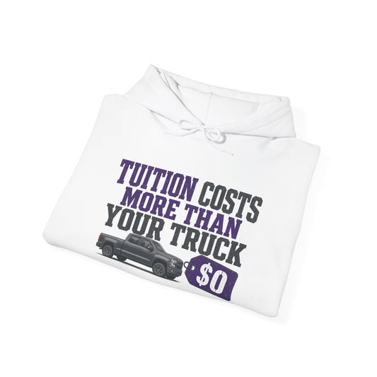 White hoodie, front pocket, drawstring hood, large tuition costs graphic on chest