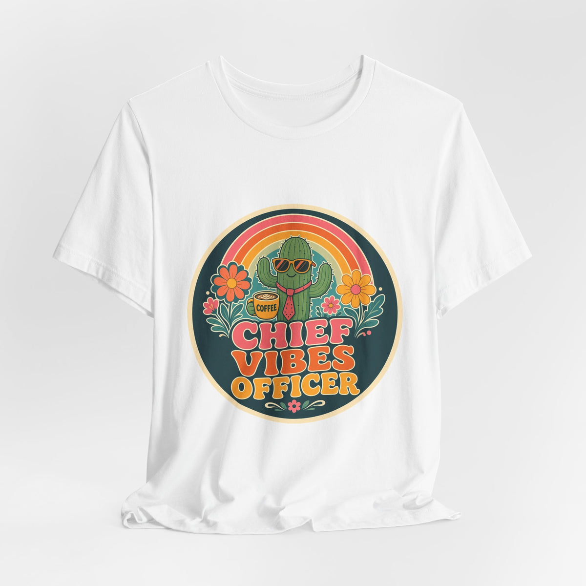 White crew-neck T-shirt with large round “Chief Vibes Officer” coffee cactus logo