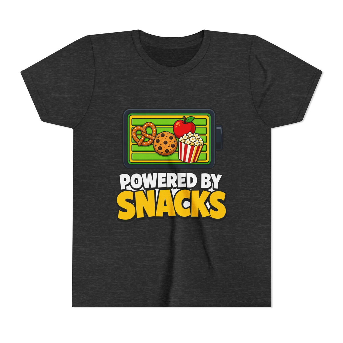 Dark grey heather kids graphic T-shirt with snack-themed logo front