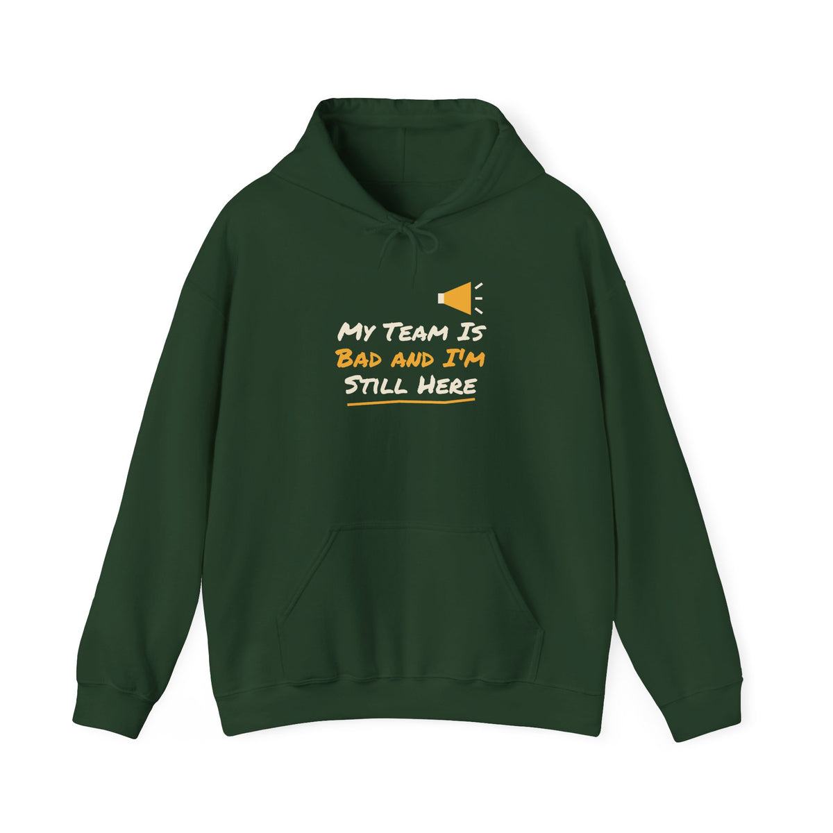 Forest green college hoodie with front pocket and chest slogan graphic