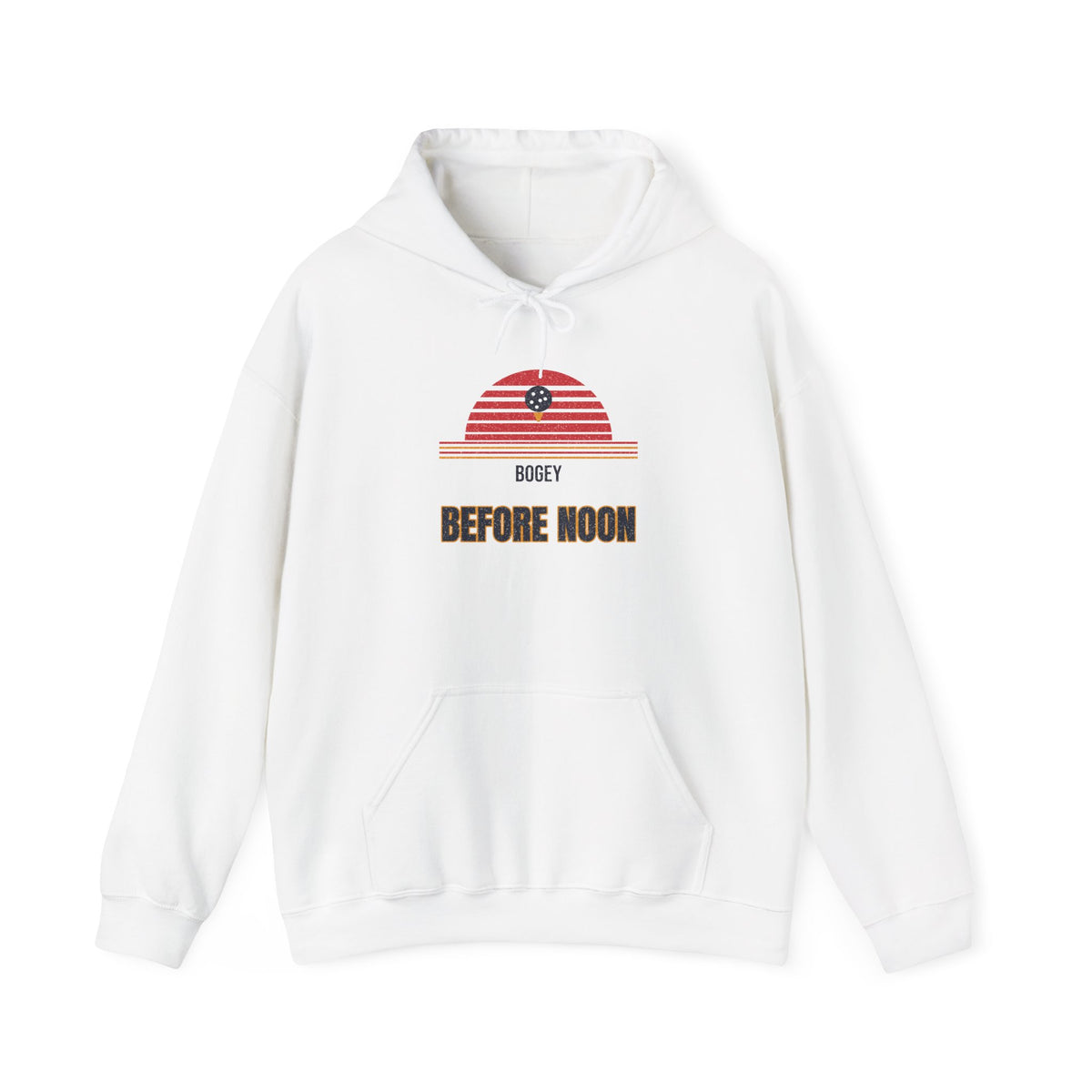 White pullover hoodie with hood, drawstrings, kangaroo pocket, golf-themed 'Before Noon' graphic