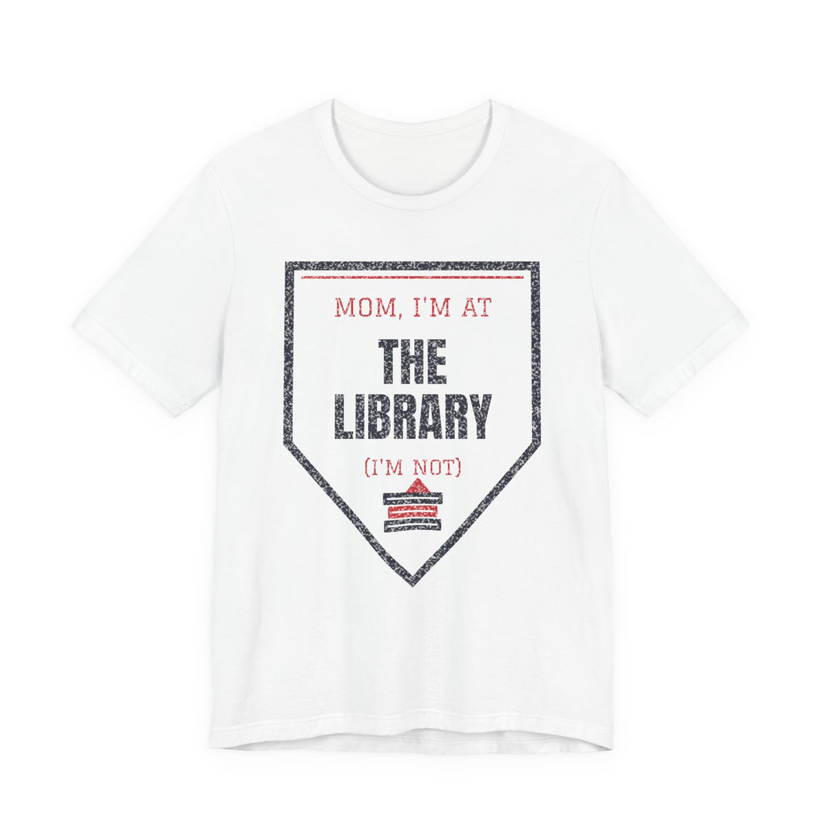 White graphic t-shirt with triangular "I'm at the library" text print